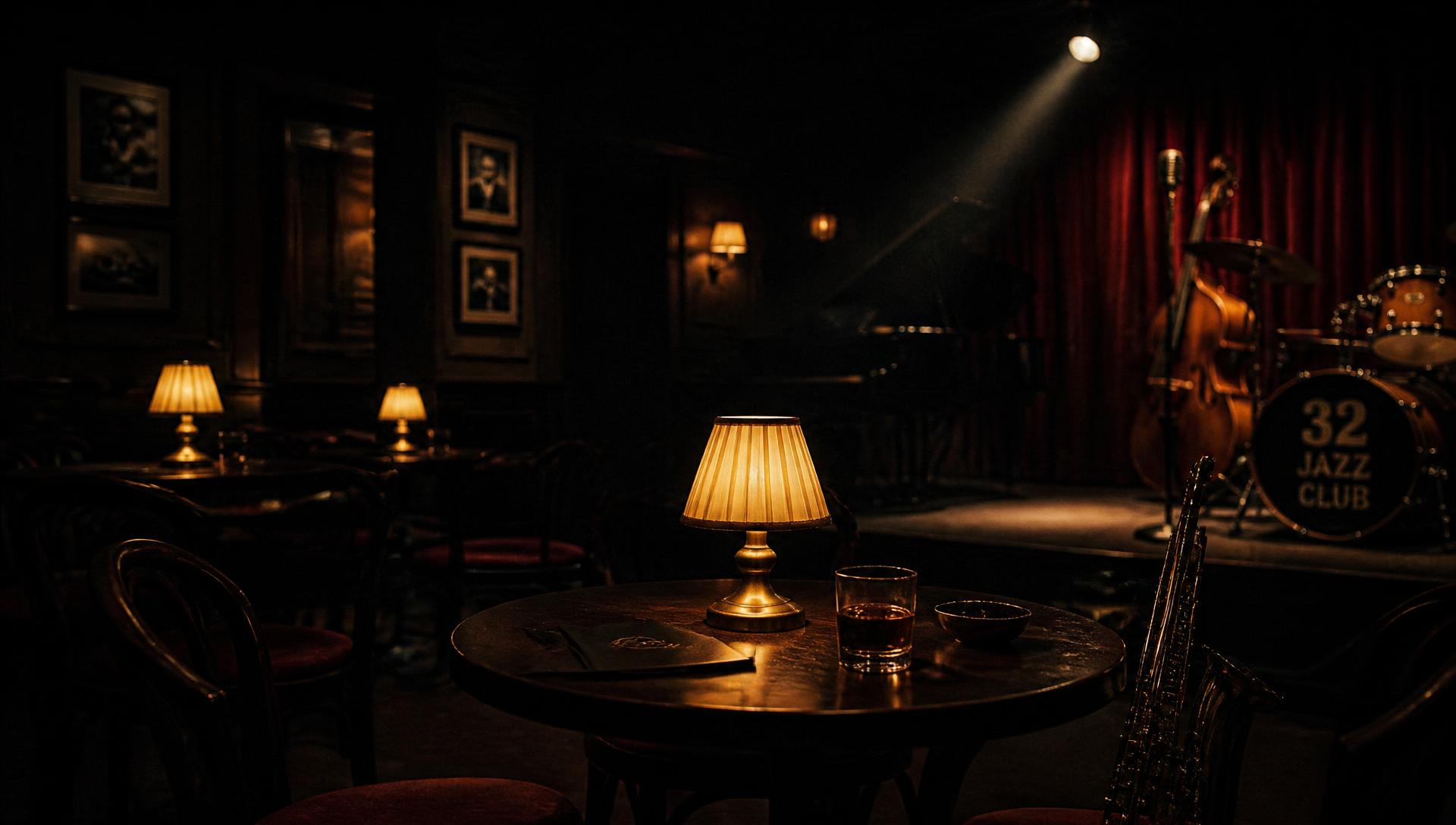 The dimly lit room at Malkhas Jazz Club, lamps glowing on small tables before the stage