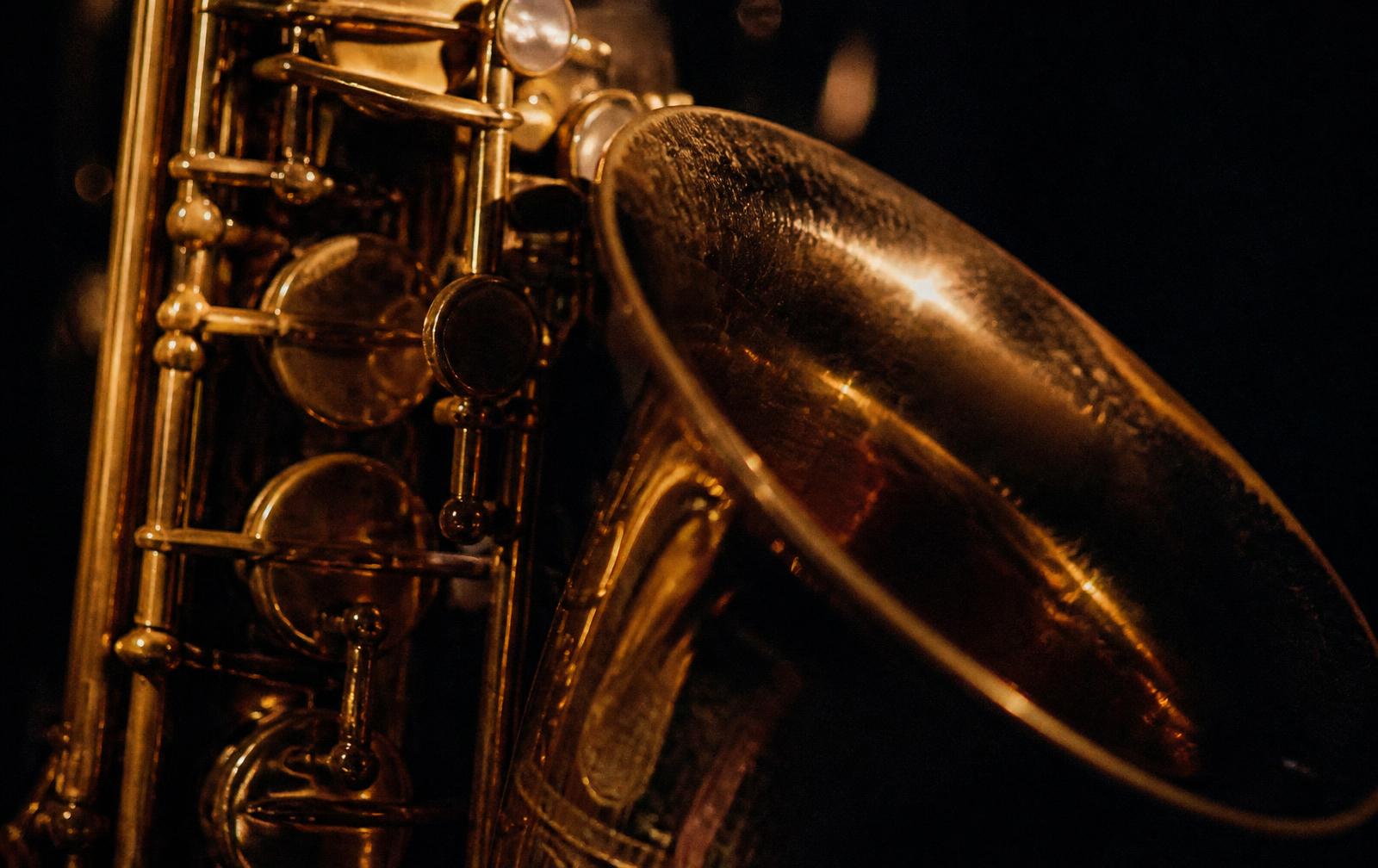 A saxophone catching the warm stage light